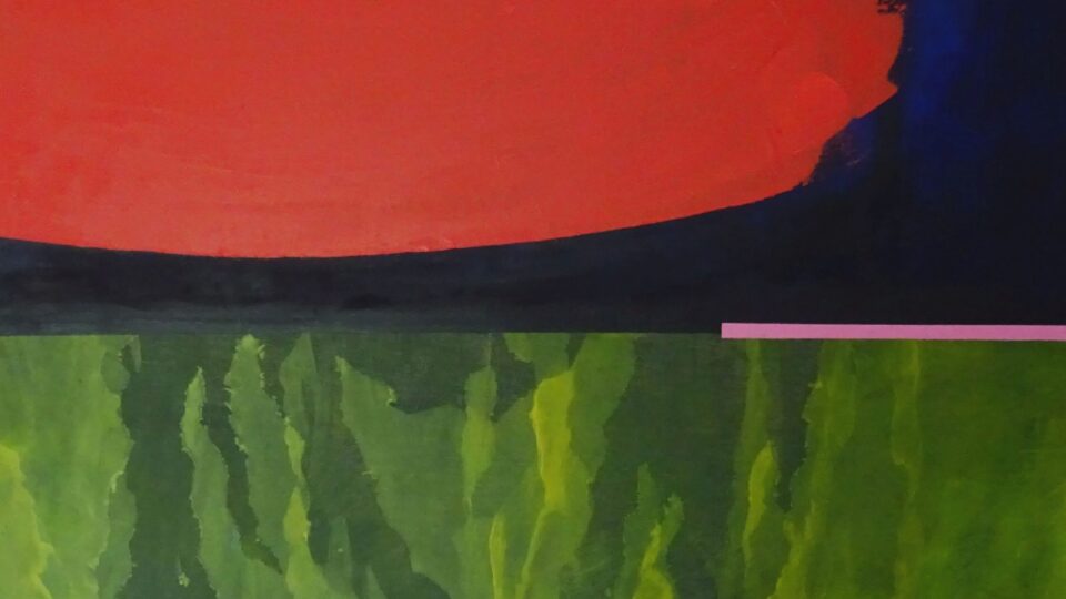 Abstrakcja w kolorach czerwieni, granatu i zieleni z akcentem różowym