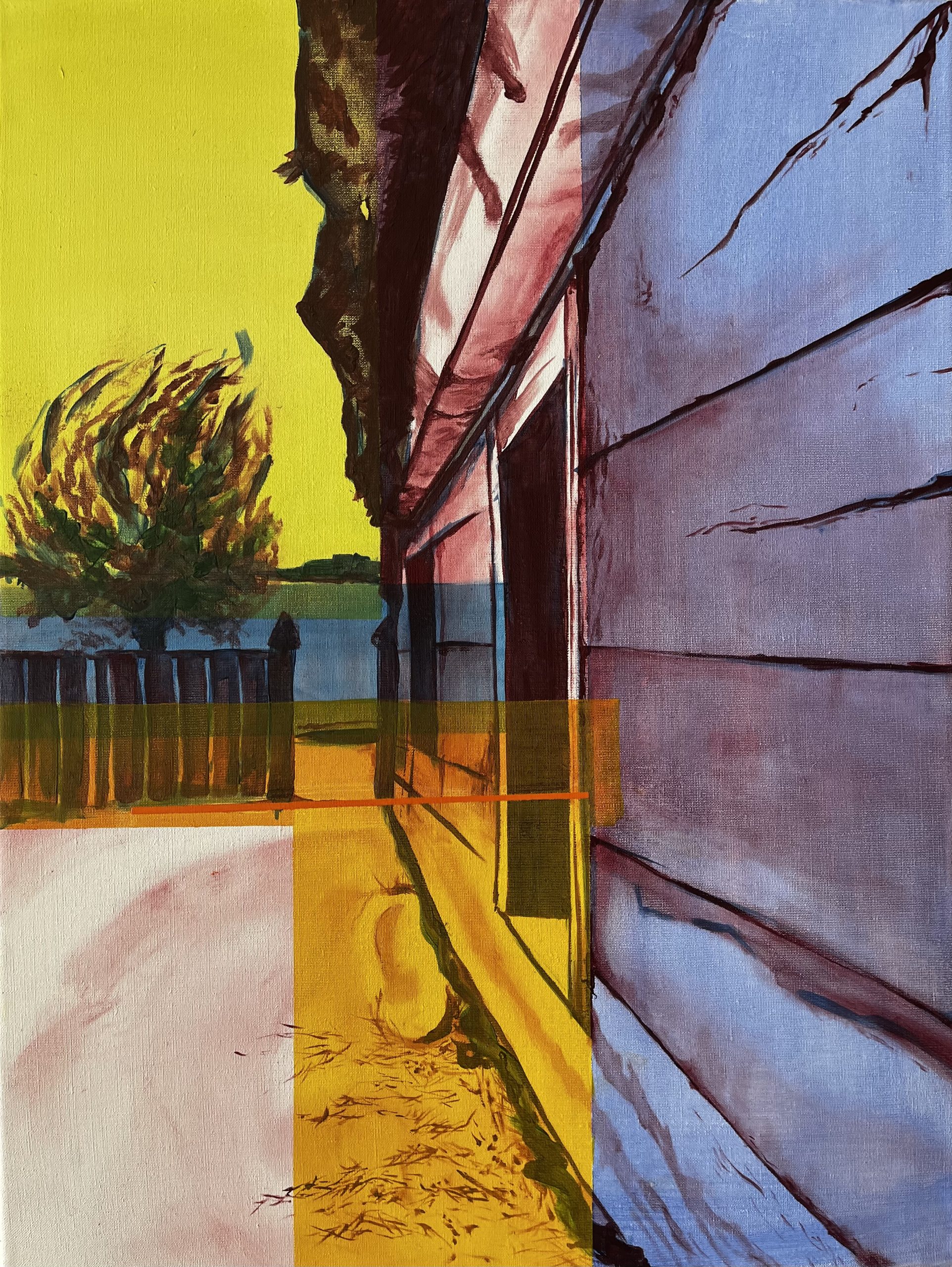 Painting in oil technique, cottage house, fence and a tree